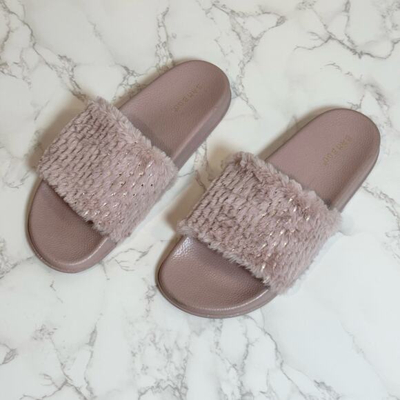 Bamboo Mauve Soft Fur Fuzzy Slides Metallic SZ 10 $20 - Picture 4 of 11
